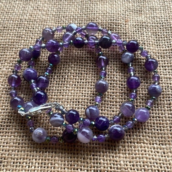 Purple Natural Striped Agate Necklace & Crystal spacers 8mm New Handmade - Picture 6 of 6